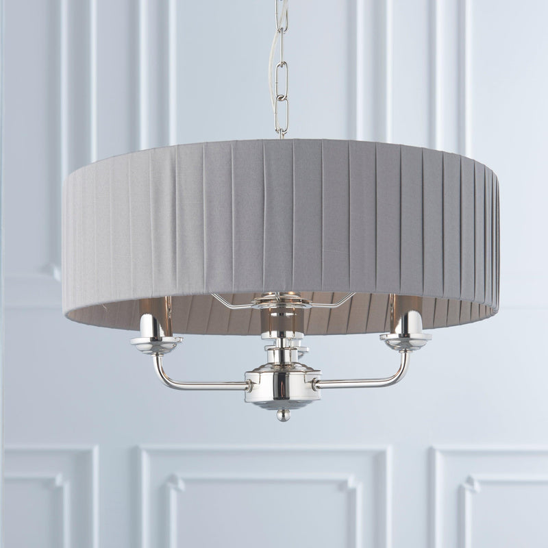 Highclere Nickel 3 Light Pendant With Charcoal Pleated Shade-Ceiling Pendant Lights-Endon Lighting-6-Tiffany Lighting Direct