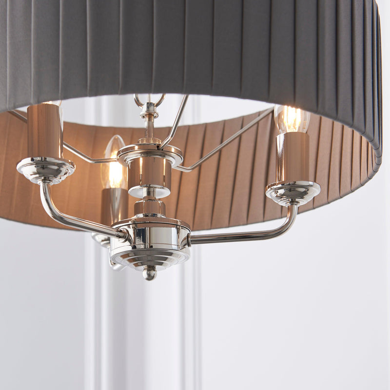 Highclere Nickel 3 Light Pendant With Charcoal Pleated Shade-Ceiling Pendant Lights-Endon Lighting-7-Tiffany Lighting Direct