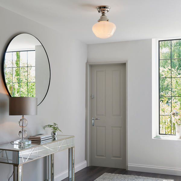 Camberley Semi-Flush School House Chrome Pendant With Opal Glass