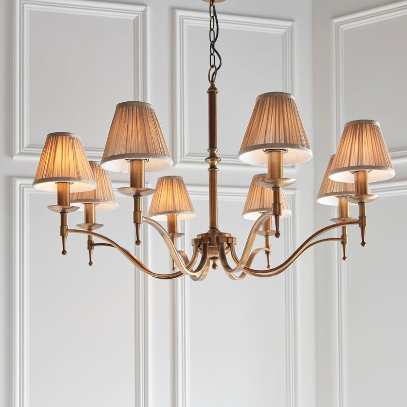 Stanford 8 Light Antique Brass Chandelier - Beige Shades-Interiors 1900-1-Tiffany Lighting Direct