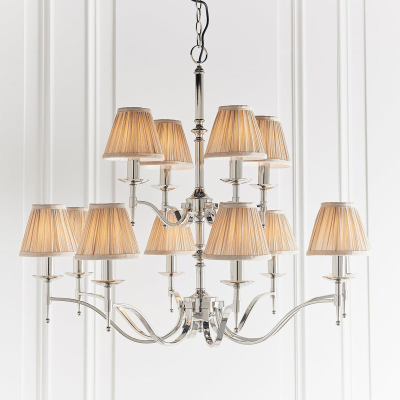 Stanford 12 Light Polished Nickel Chandelier - Beige Shades-Interiors 1900-1-Tiffany Lighting Direct