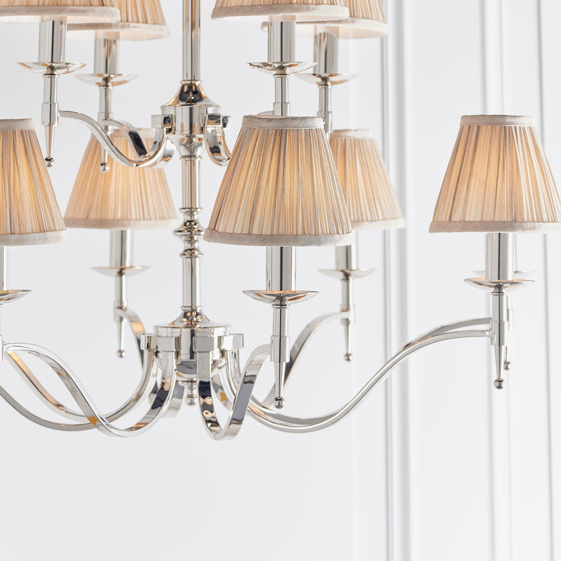 Stanford 12 Light Polished Nickel Chandelier - Beige Shades-Interiors 1900-9-Tiffany Lighting Direct