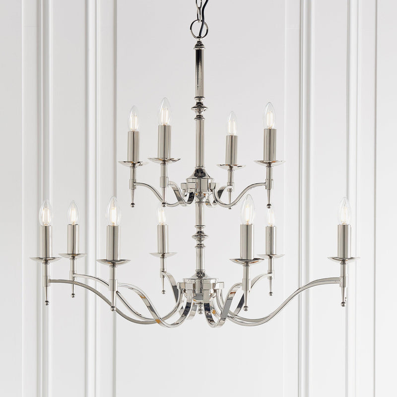 Stanford 12 Light Polished Nickel Chandelier - Beige Shades-Interiors 1900-10-Tiffany Lighting Direct