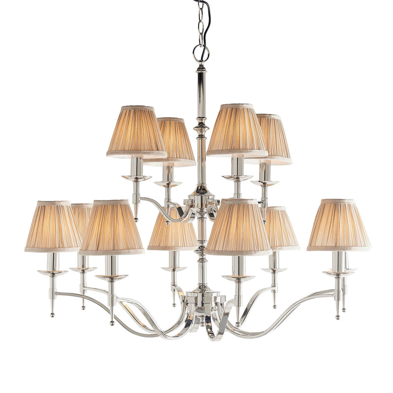 Stanford 12 Light Polished Nickel Chandelier - Beige Shades-Interiors 1900-13-Tiffany Lighting Direct