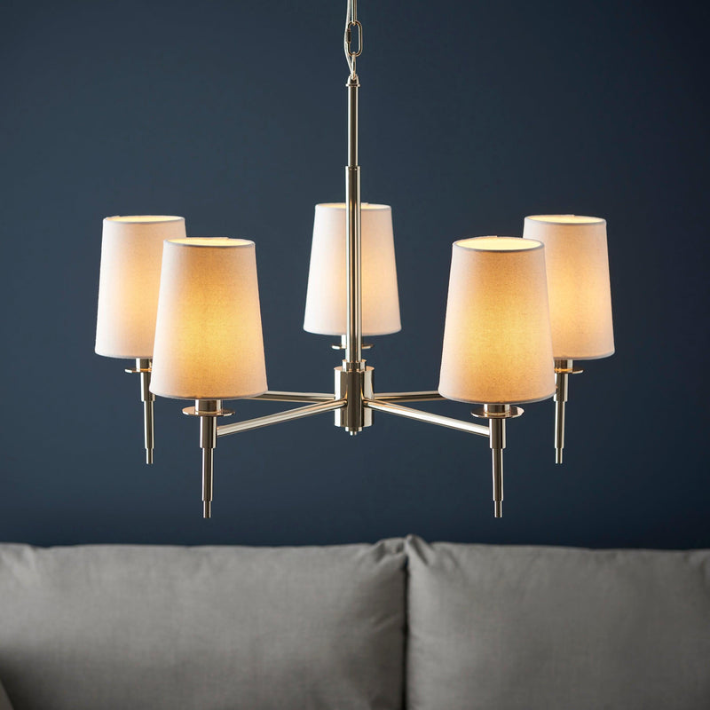 Kensington 5 Light Multi-Arm Nickel Pendant - White Shades-Ceiling Pendant Lights-Living Lights-2-Tiffany Lighting Direct