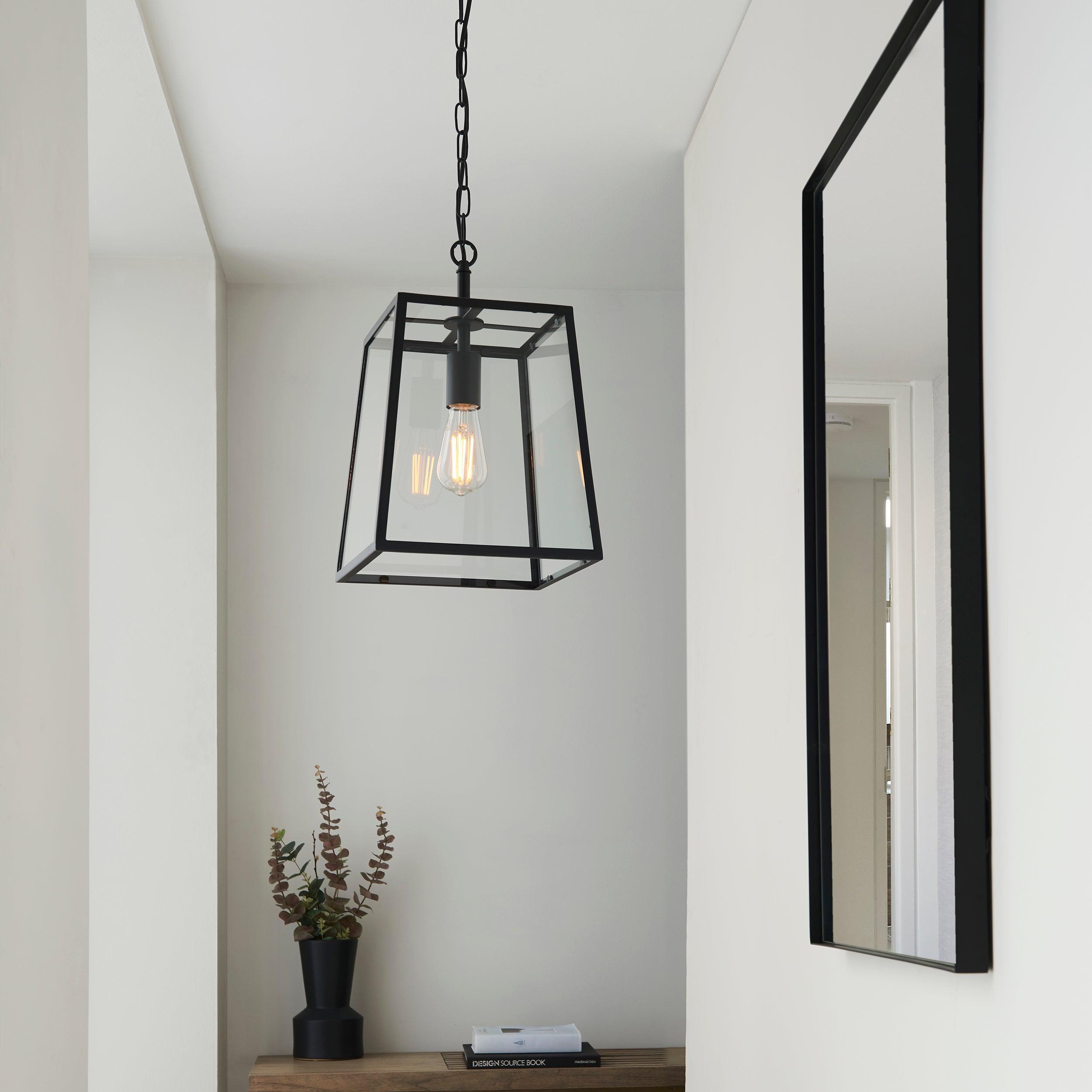 Hurst 1 Light Black Framed Clear Glass Ceiling Pendant-Ceiling Pendant Lights-Endon Lighting Living Room Close Up Lighting Tiffany Lighting Direct