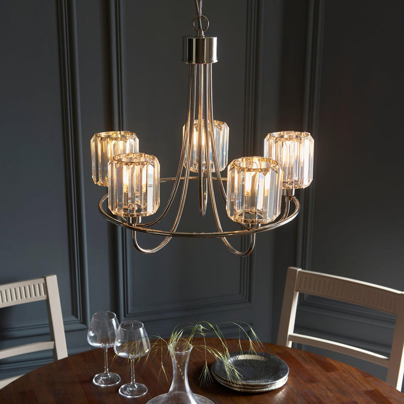 Berenice 5 Light Nickel Pendant - Clear Cut Glass Shades-Ceiling Pendant Lights-Endon Lighting-4-Tiffany Lighting Direct