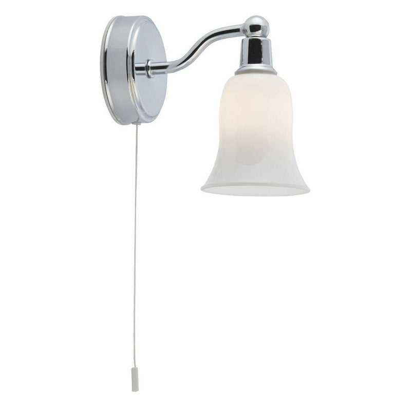 Equador 1 Light Chrome Bathroom Wall Light - White Glass Shade