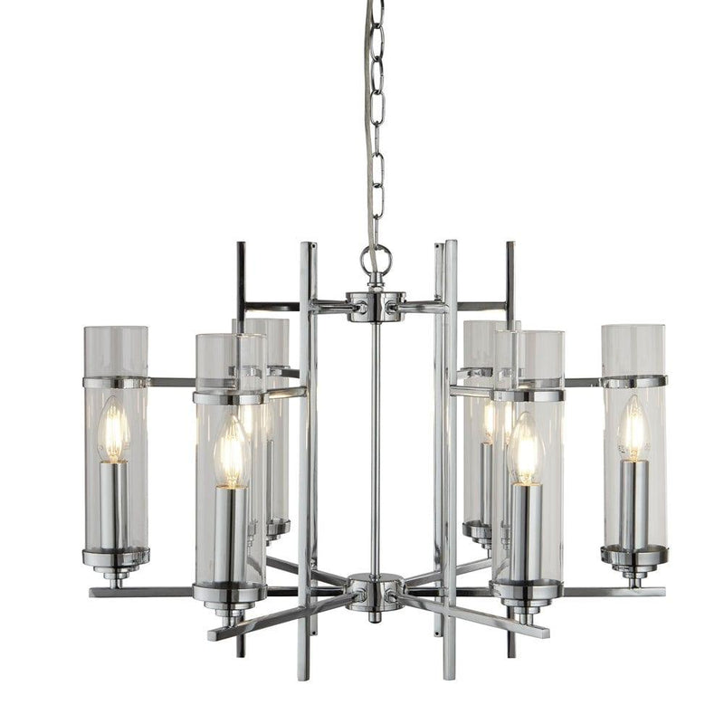 Milo 6 Light Chrome Ceiling Pendant - Glass Cylinder Shades-Ceiling Pendant Lights-Searchlight Lighting-1-Tiffany Lighting Direct