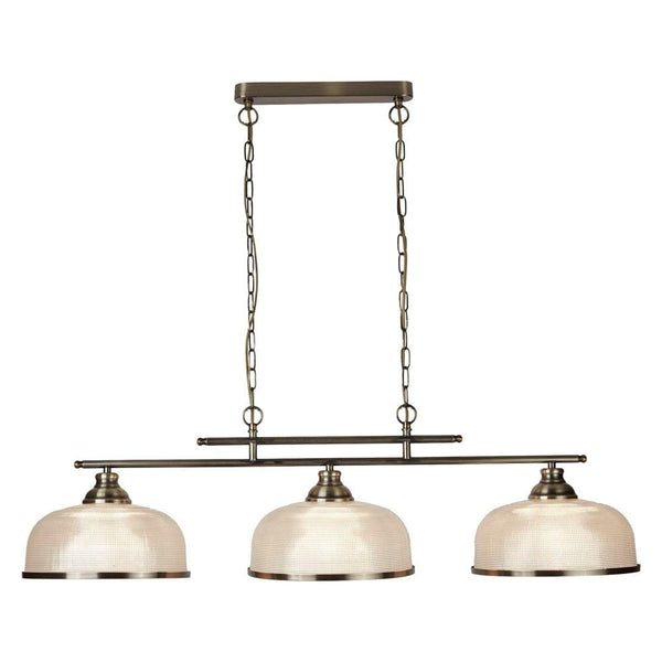 Bistro II 3 Light Brass Bar Pendant - Holophane Glass Shades-Ceiling Pendant Lights-Searchlight Lighting-1-Tiffany Lighting Direct