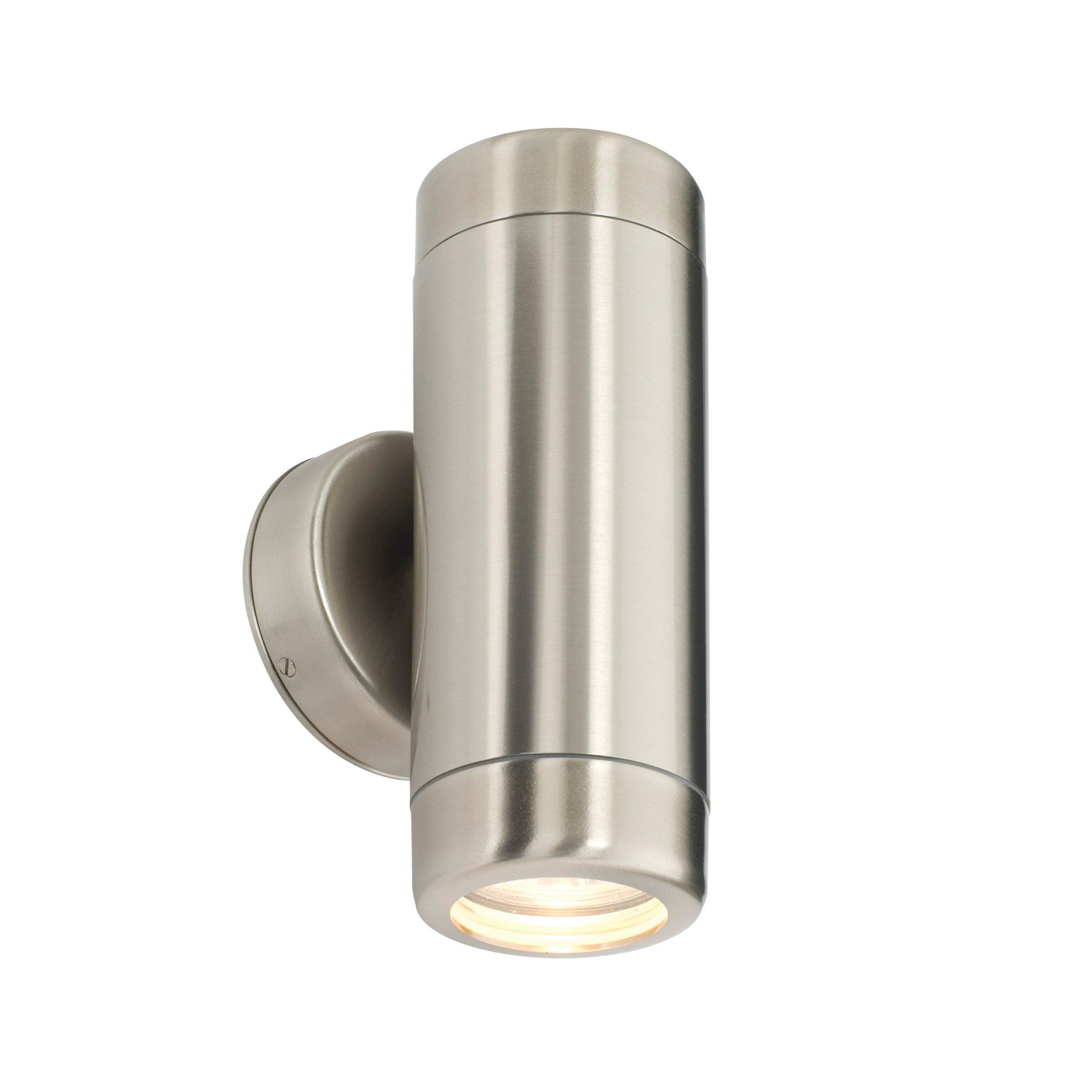 atlantis silver up down 2 light led outdoor wall light ip65by saxby lighting