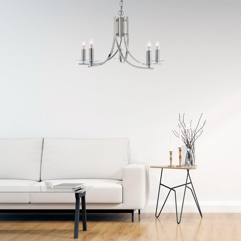 Ascona 5 Light Satin Silver Chandelier With Glass Sconces-Searchlight Lighting-5-Tiffany Lighting Direct