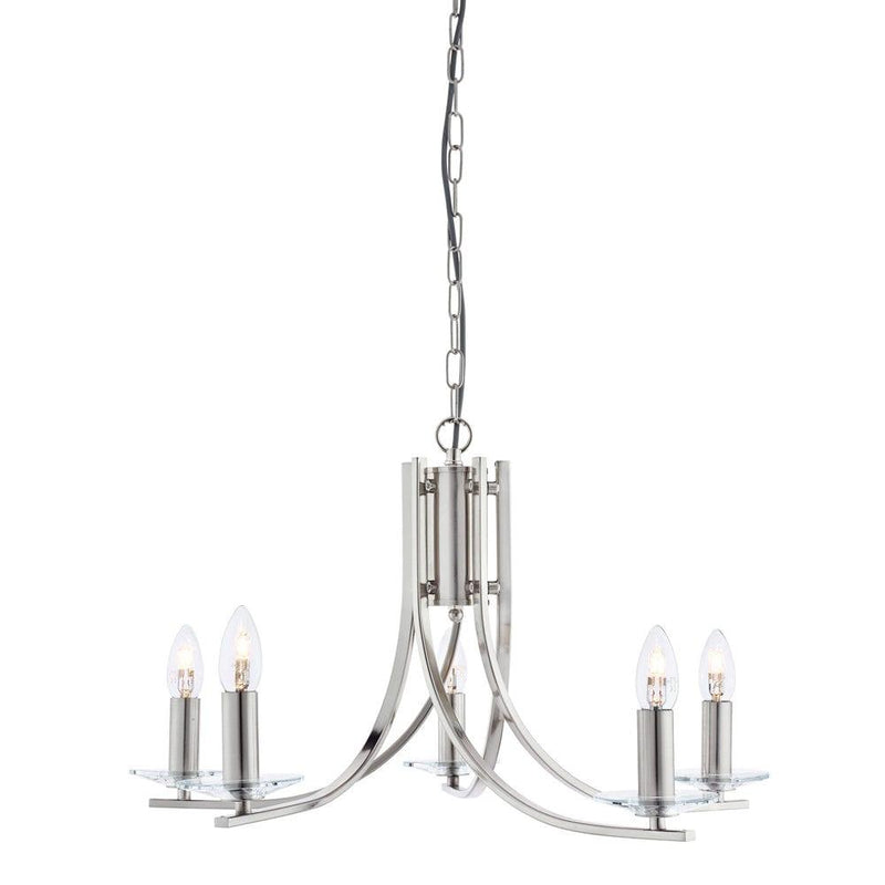 Ascona 5 Light Satin Silver Chandelier With Glass Sconces-Searchlight Lighting-1-Tiffany Lighting Direct