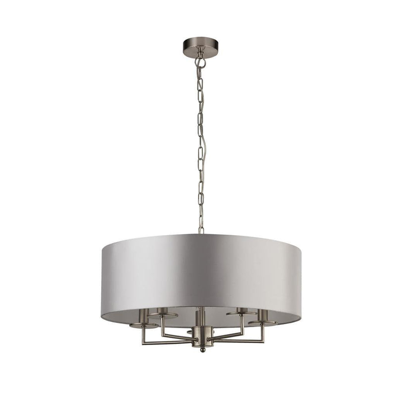 Knightsbridge 3 Light Satin Silver Pendant - Faux Silk Shade-Ceiling Pendant Lights-Searchlight Lighting-1-Tiffany Lighting Direct