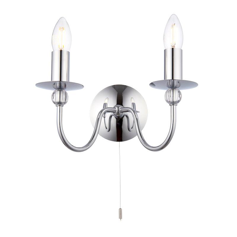 Traditional Wall Lights - Parkstone chrome Finish Twin Arm Wall Light 2013-2CH turned on