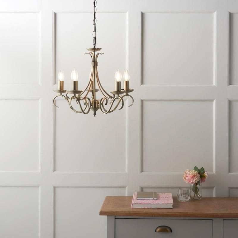 Traditional Ceiling Pendant Lights - Bernice Antique Brass Finish 5 Light Chandelier 2030-5AN setting