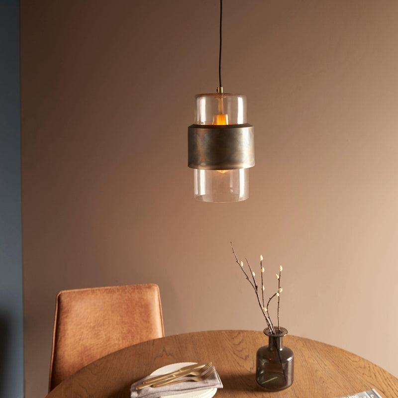 Vauxhall Modern Brass Patina Pendant - Clear Glass Shade-Ceiling Pendant Lights-Living Lights-4-Tiffany Lighting Direct