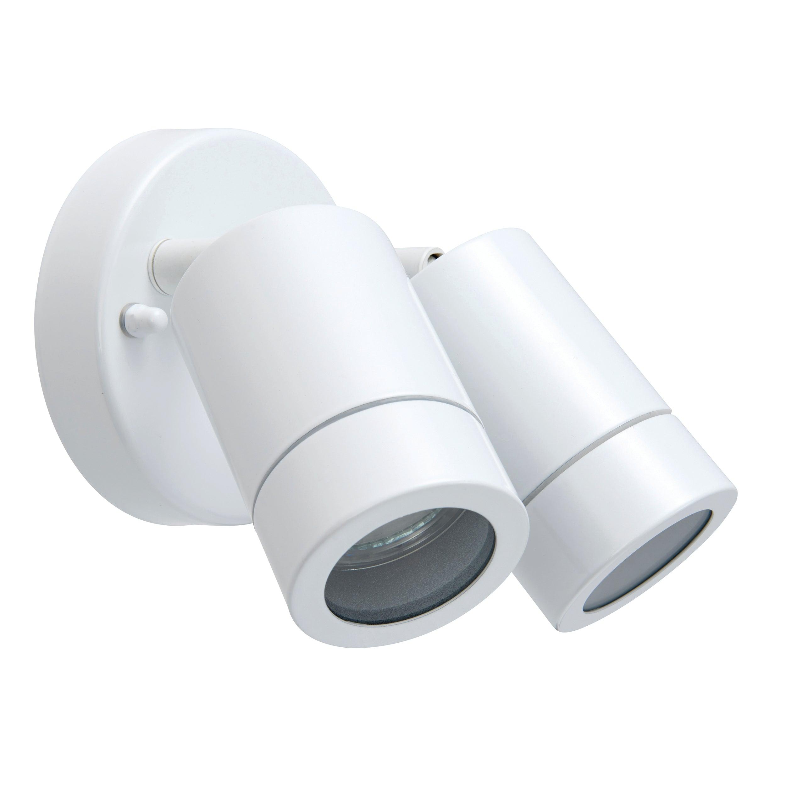 palin white twin outdoor spot wall light ip44 7wby Saxby Lighting, close up image