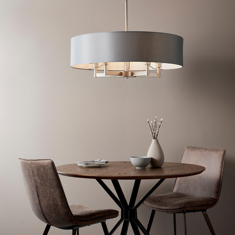 Clere 5 Light Nickel Pendant Ceiling Light - Grey Shade-Ceiling Pendant Lights-Living Lights-2-Tiffany Lighting Direct