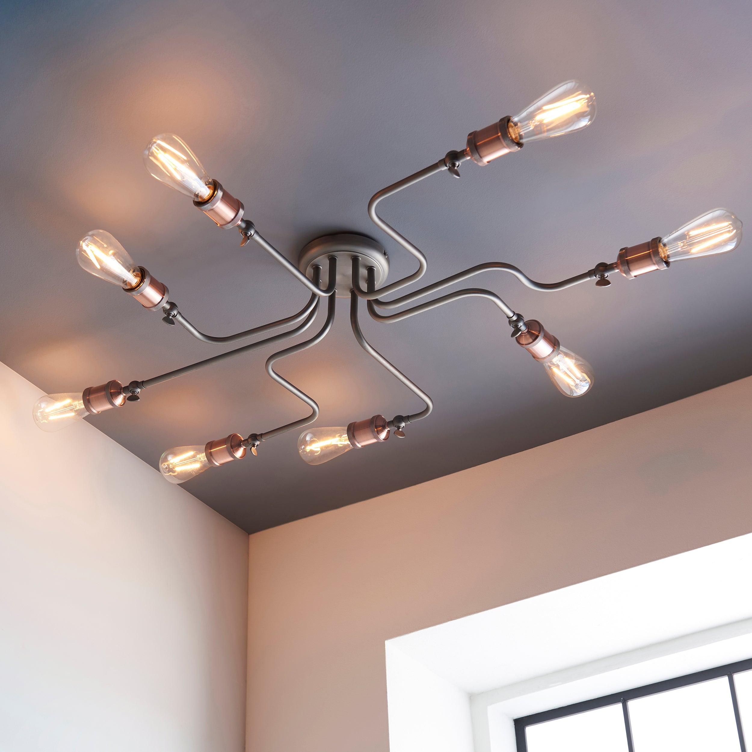 Hal 8 Light Industrial Pewter & Copper Semi Flush Ceiling Light Living room close up