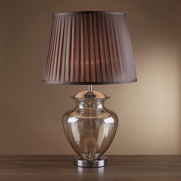 Elina Amber Glass & Chrome Urn Table Lamp - Brown Shade-Searchlight Lighting-Living-Room-Tiffany Lighting Direct-[image-position]