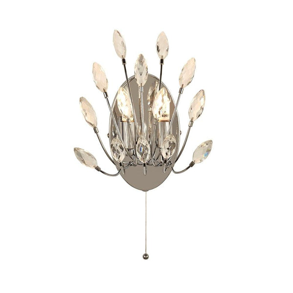 Peacock 2 Light Crystal & Chrome Wall Light - Cord Pull