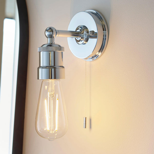 Miller Chrome Industrial Bathroom Wall Light - Pull Cord