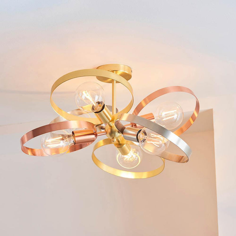 Endon Hoop 6 Light Semi Flush - Brushed Brass/Copper/Nickel Living room close up