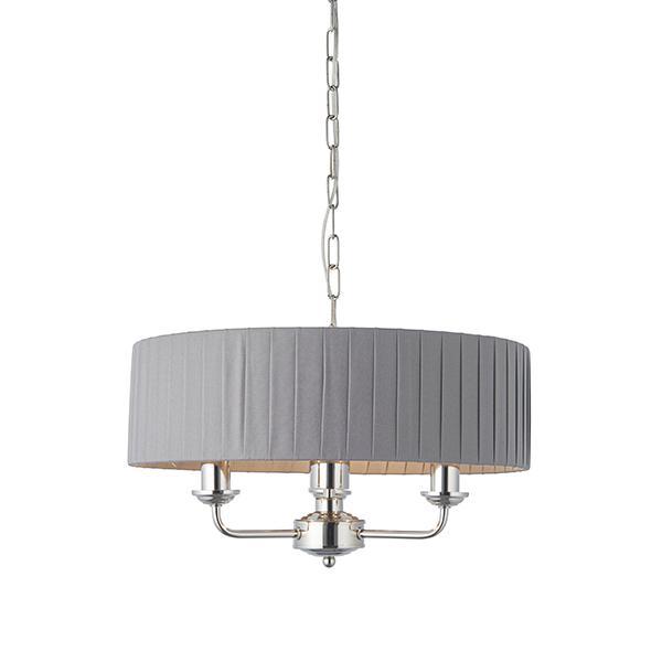 Highclere Bright NIckel and Charcoal Pleated Shade 3lt Pendant by Endon Lighting