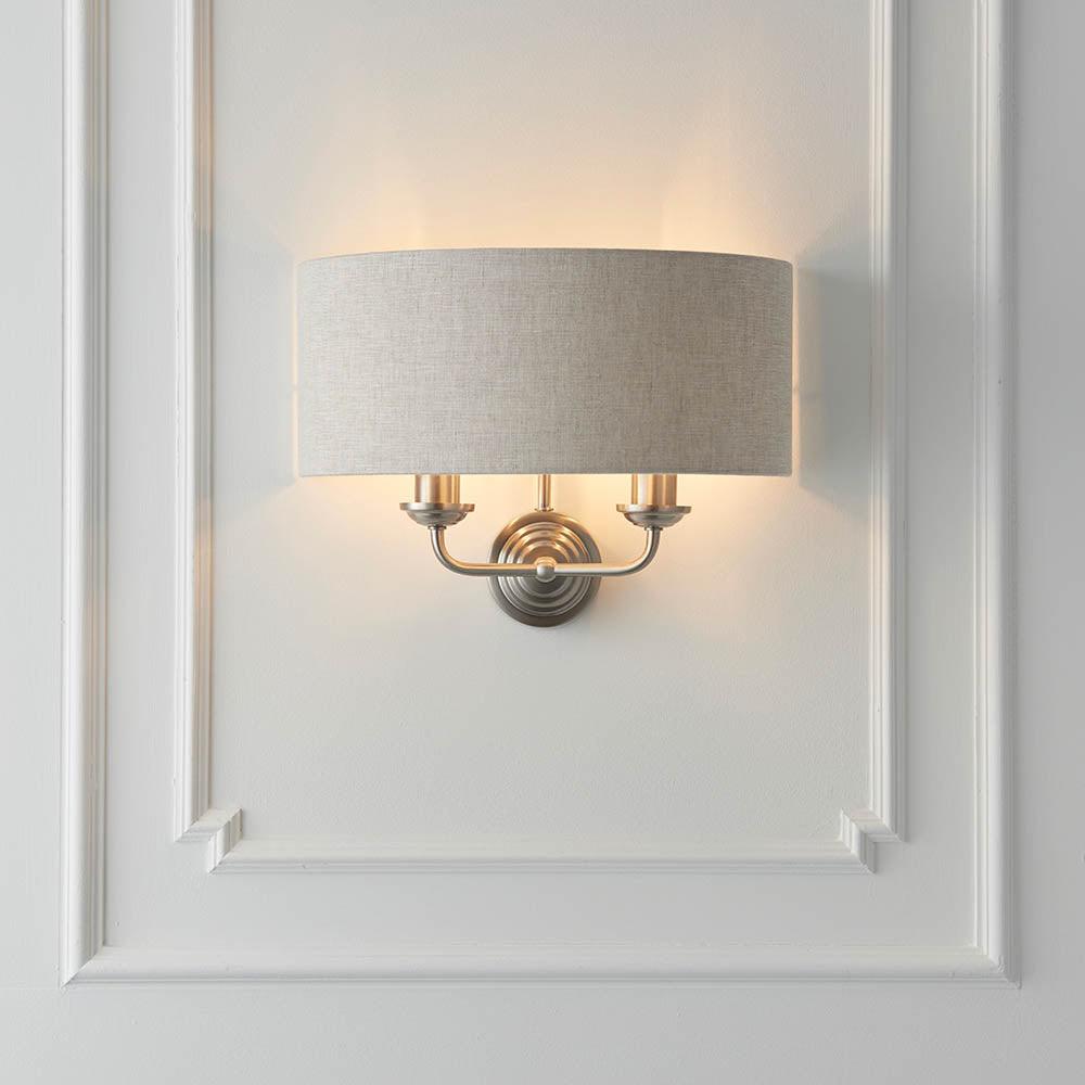 highclere brushed chrome wall light natural linen shade by Endon Lighting Living room image