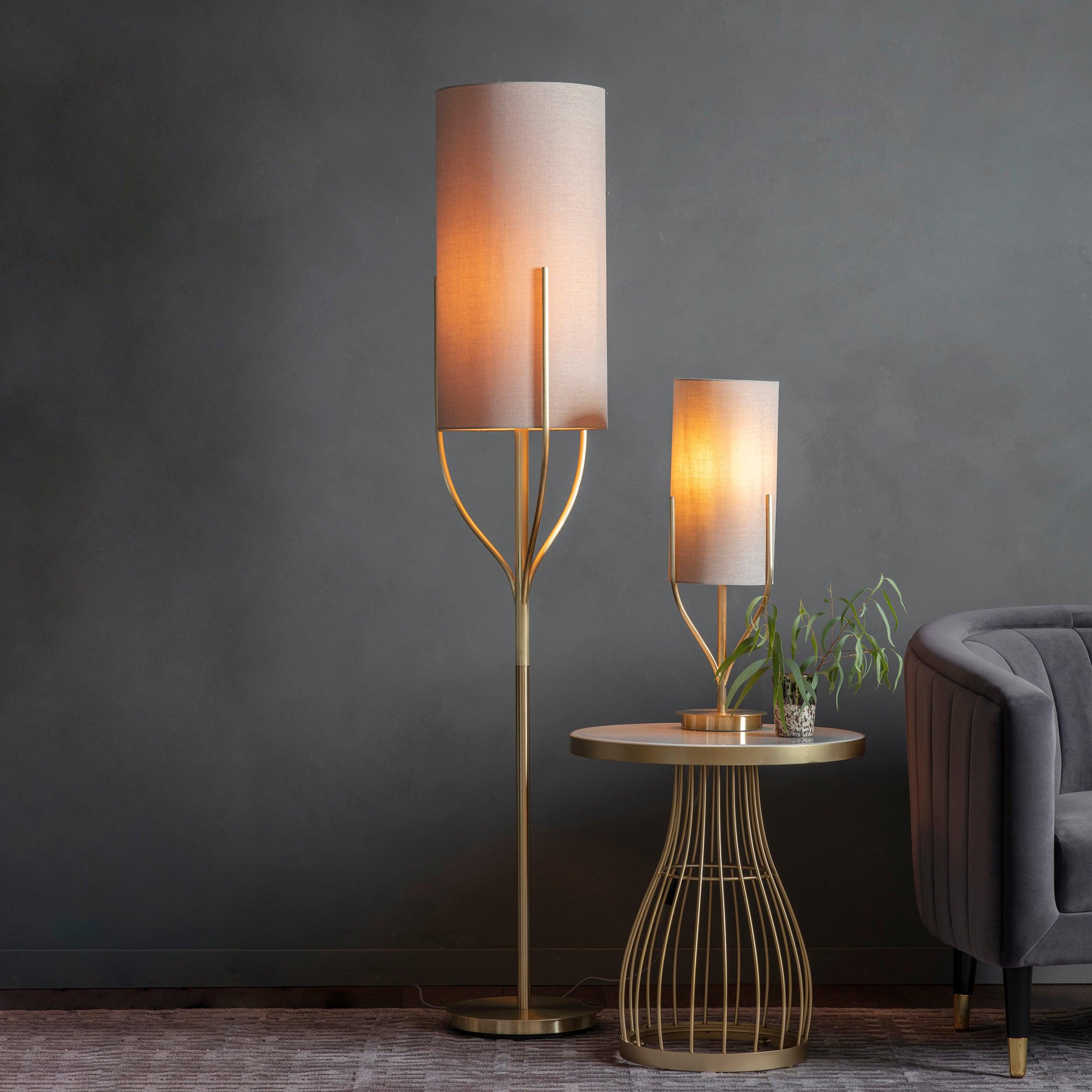 fraser brass floor lamp with natural linen shade by Endon Lighting Living Room Close Up 93