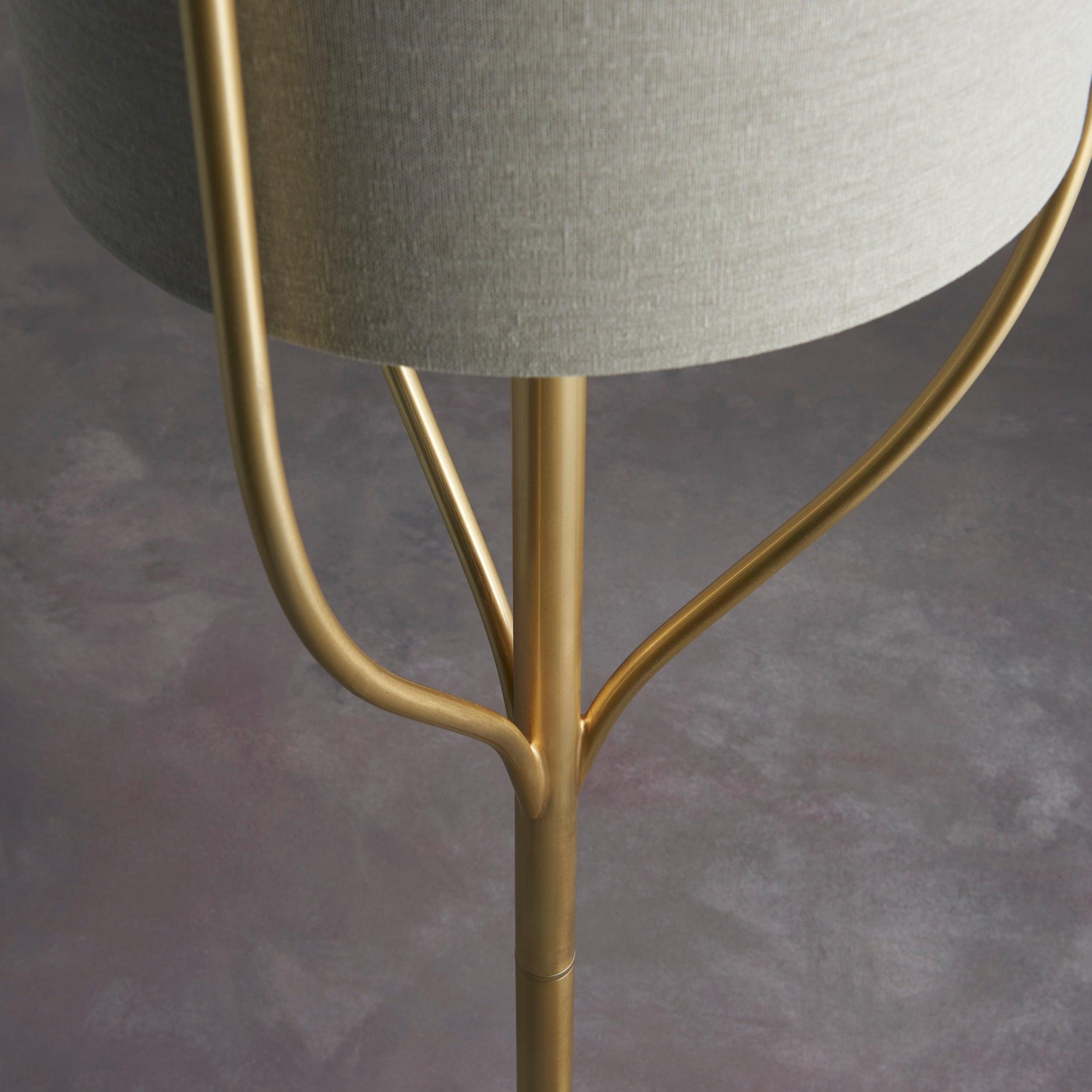 fraser brass floor lamp with natural linen shade by Endon Lighting Bedroom Hero Shot