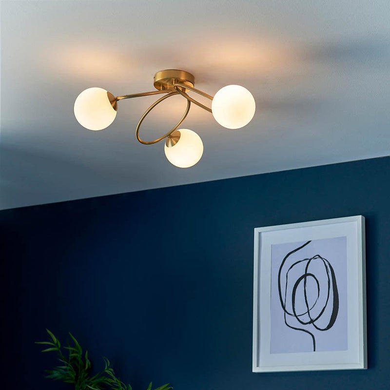 Endon Ellipse 3 Light Brass Finish Semi Flush Ceiling Light Living room wide shot