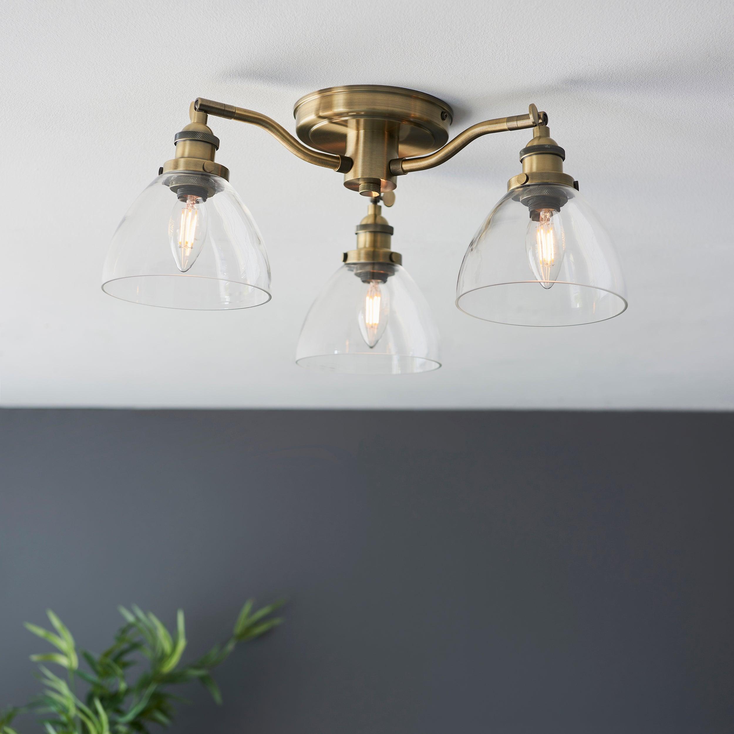 Endon Hansen 3 Light Brass Semi-Flush Ceiling Light Living room close up