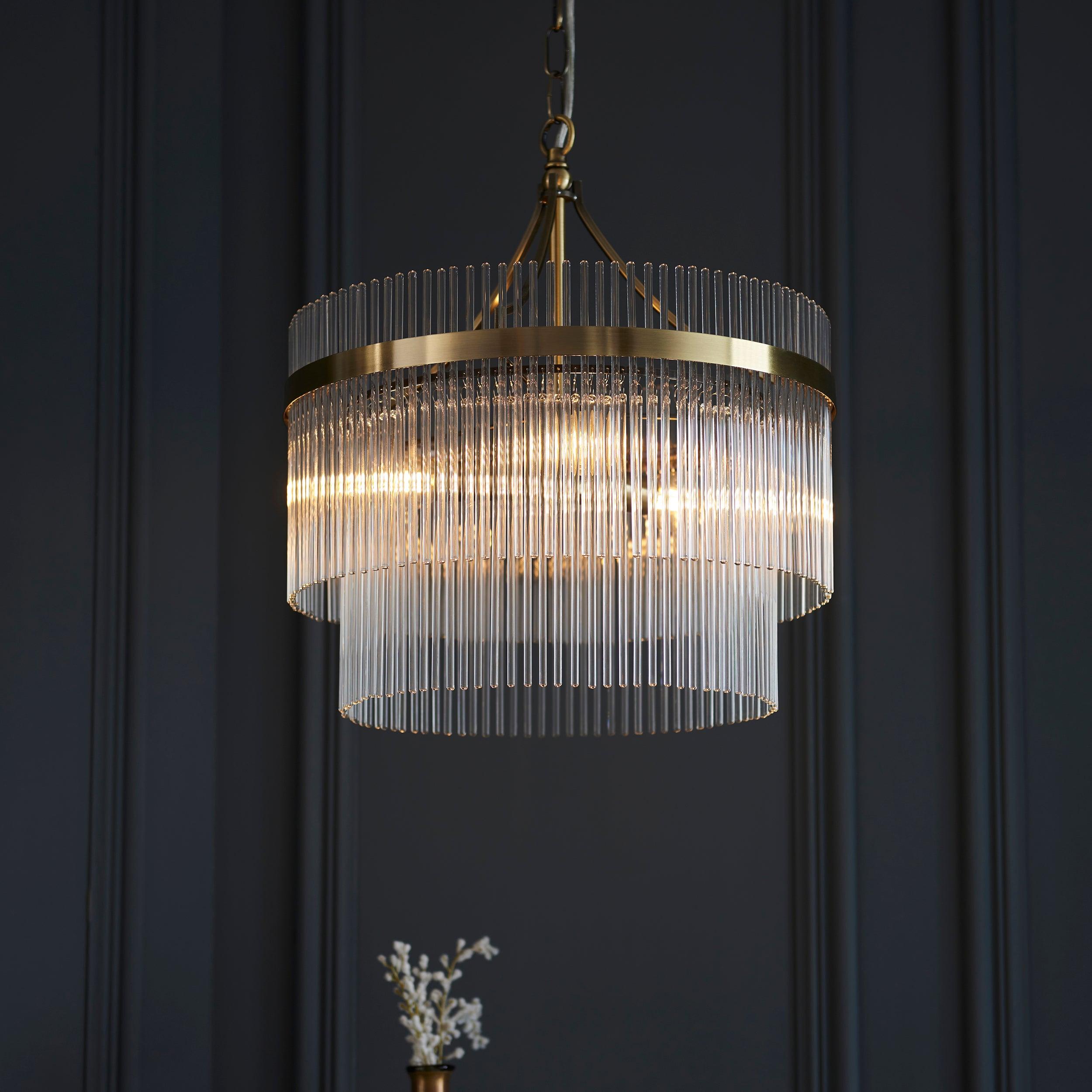 Marietta Brass 3 Light Ceiling Pendant - Glass Rods-Ceiling Pendant Lights-Endon Lighting Living Room Lighting Tiffany Lighting Direct