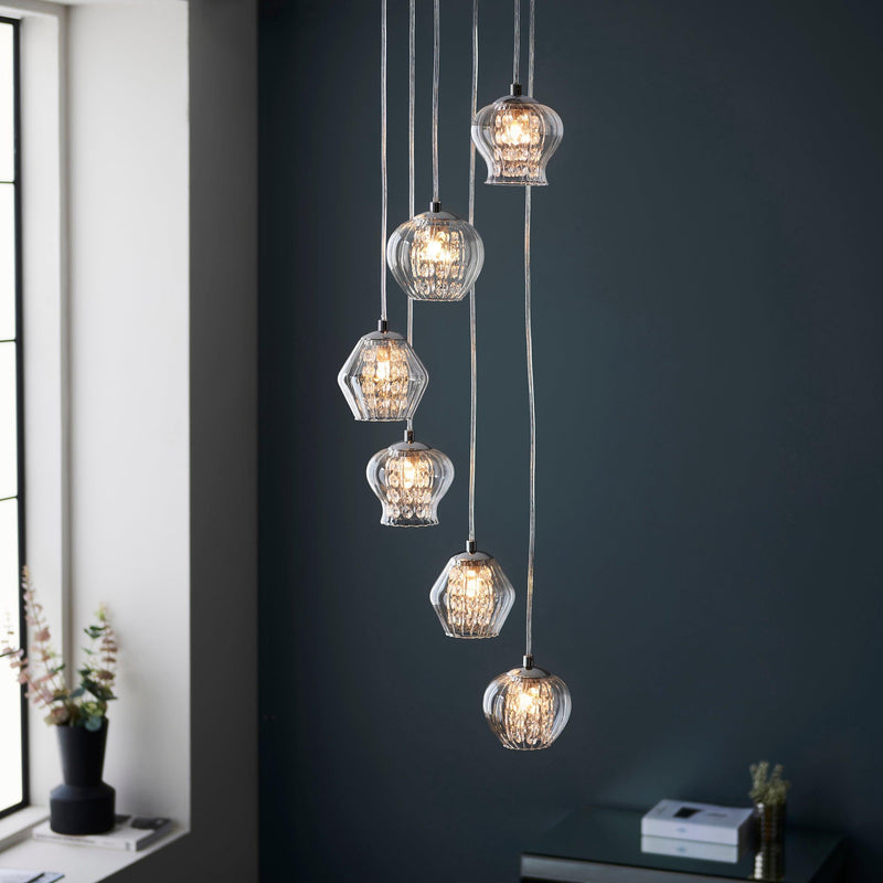 Mesmer 6 Light Chrome & Glass Multidrop Ceiling Pendant-Ceiling Pendant Lights-Endon Lighting-3-Tiffany Lighting Direct