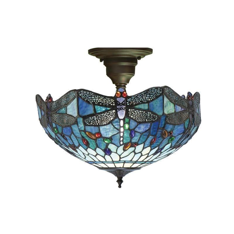 Blue Dragonfly Medium Tiffany Semi Flush Ceiling Light by Interiors 1900