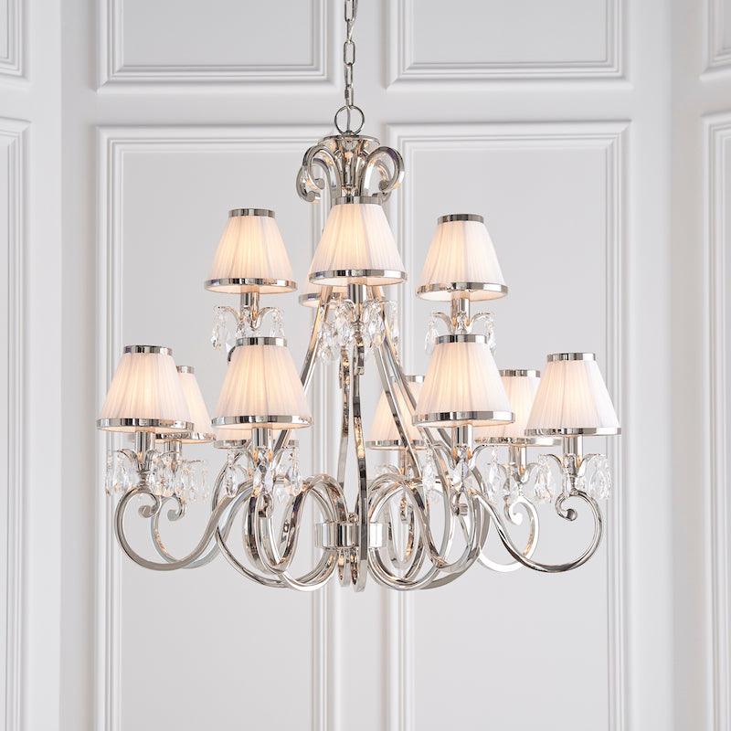 Oksana Polished Nickel 12 Light Chandelier With White Shades-Interiors 1900-6-Tiffany Lighting Direct